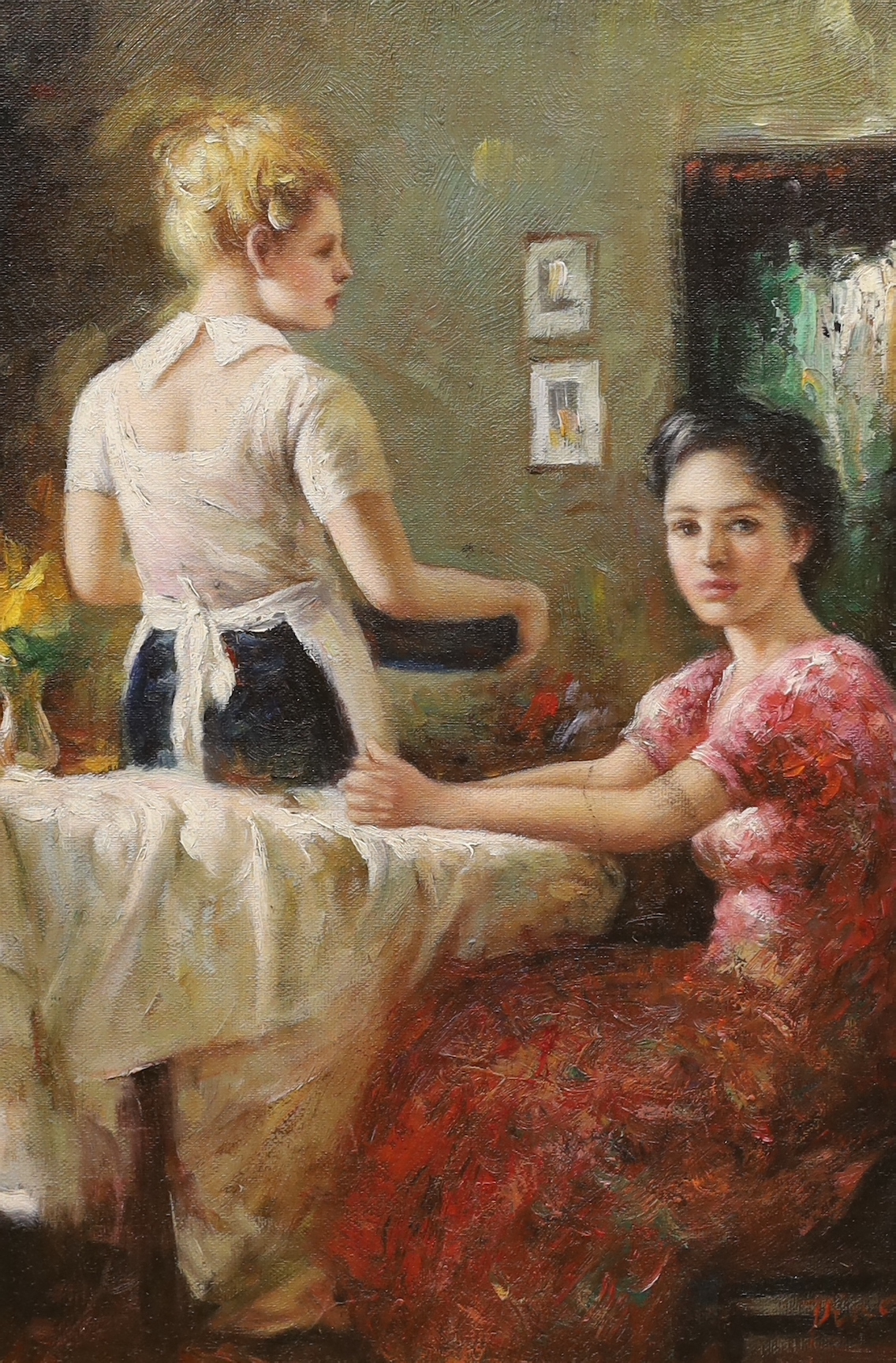 After Pino Daeni (Italian, 1939-2010), oil on board, Two women in an interior, 38 x 26cm